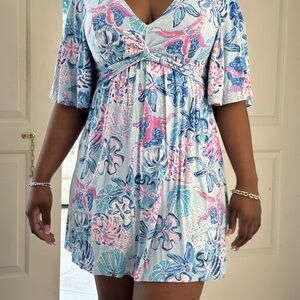 Lilly Pulitzer Florals V-Neck Dress in Blue and Pink